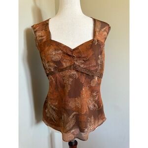 Ratio Liz Claiborne Brown Floral Paisley Sheer Lace Trim Sleeveless Top